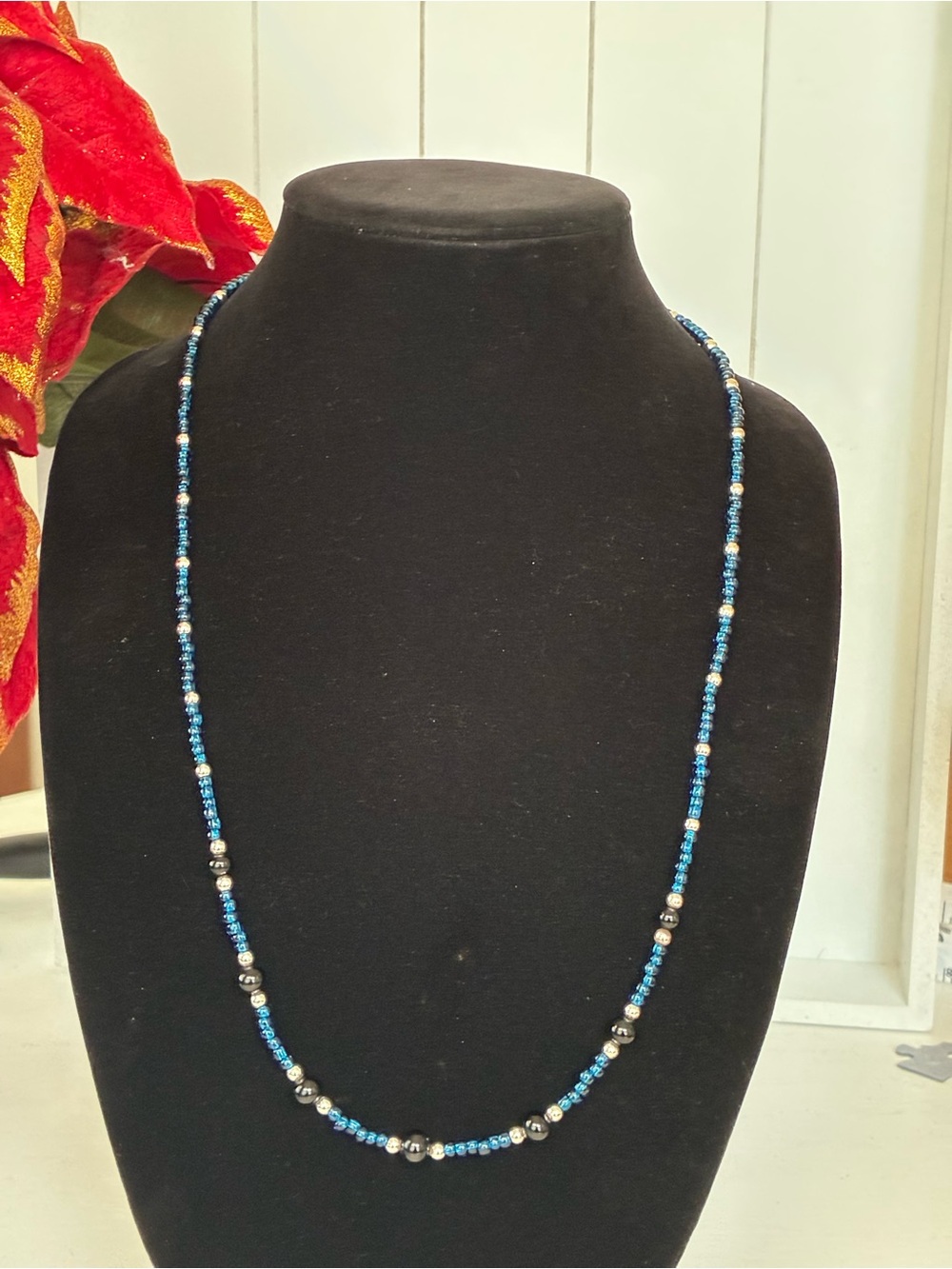 Handcrafted Blue Beaded Necklace with Silver Accents - Women Jewelry